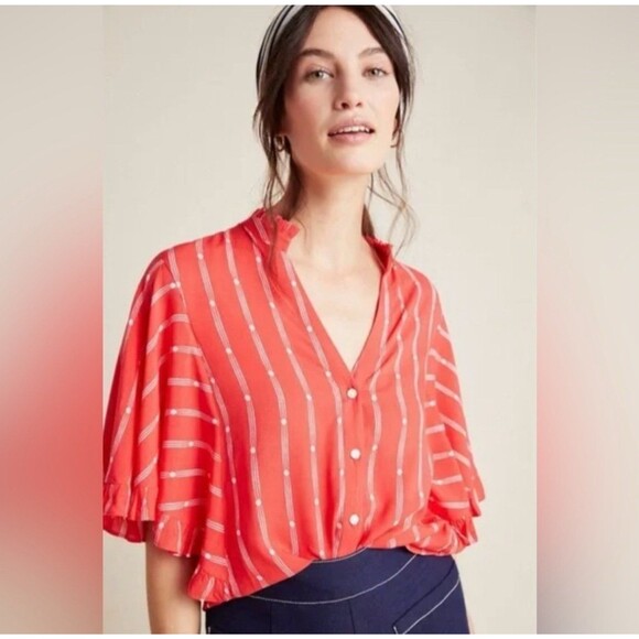 Anthropologie Maeve Aveiro Flutter Sleeve Button Down V Neck Blouse Size Large - Picture 2 of 12